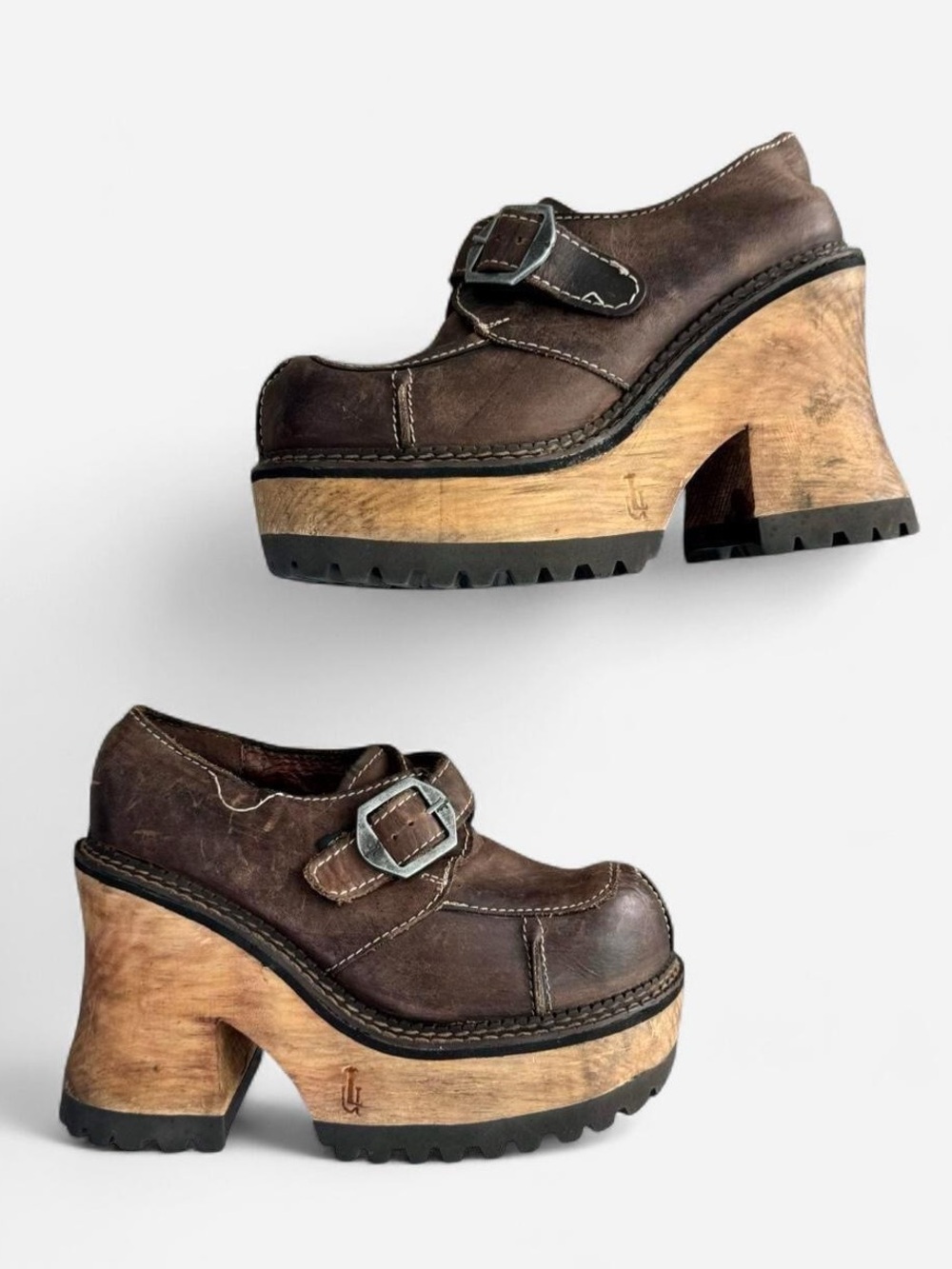 Vintage London Underground brown leather chunky buckle platform loafers